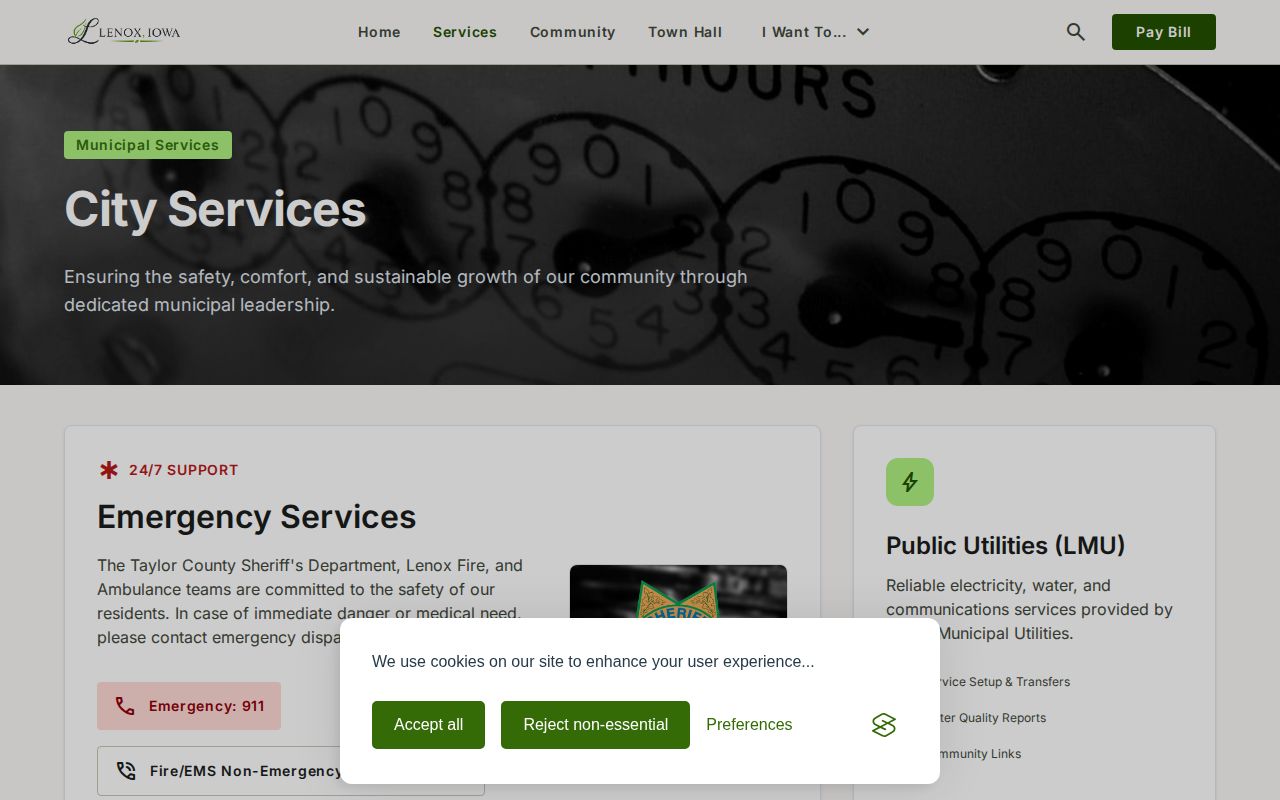 City of Lenox services page directing police questions to the Taylor County Sheriff