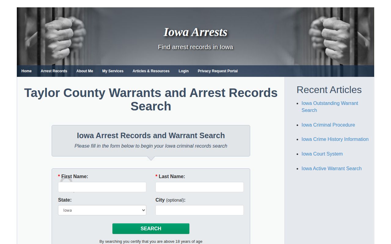 Unofficial Iowa Arrests Taylor County search page marked with older information