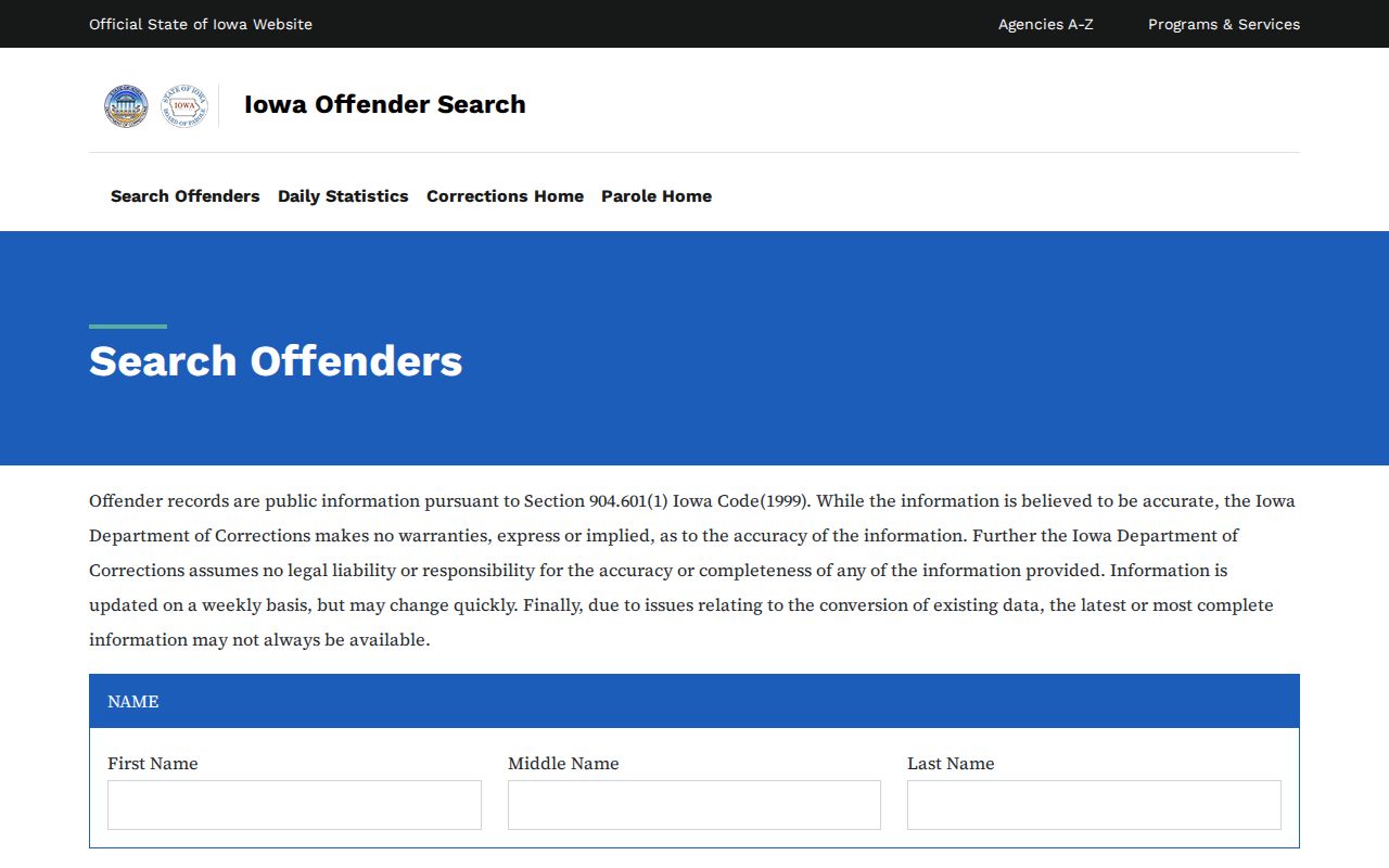Iowa Department of Corrections offender search form and coverage notice